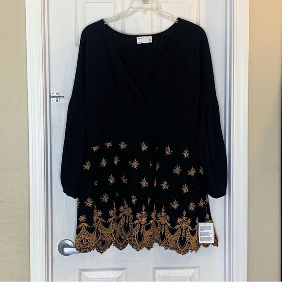 ASOS DESIGN wrap dress with gold cutwork embroidery detail in black Size 14 - Picture 1 of 12